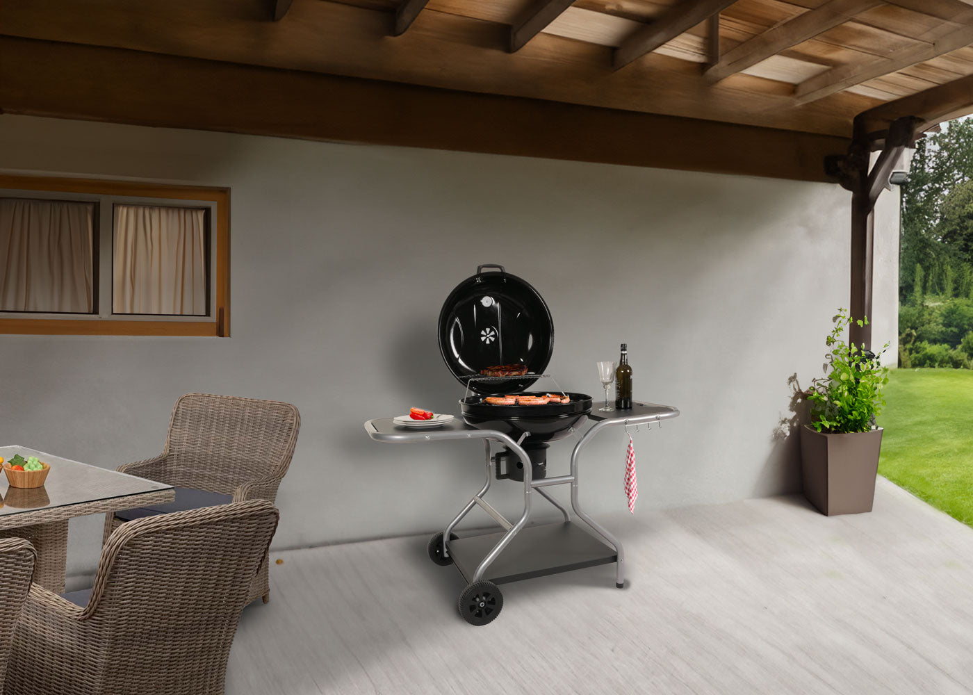 Cosmo Casa - Grillwagen - Houtskool Ketelgrill met Deksel - Gemailleerd Staal - Drie Planken - Zwart