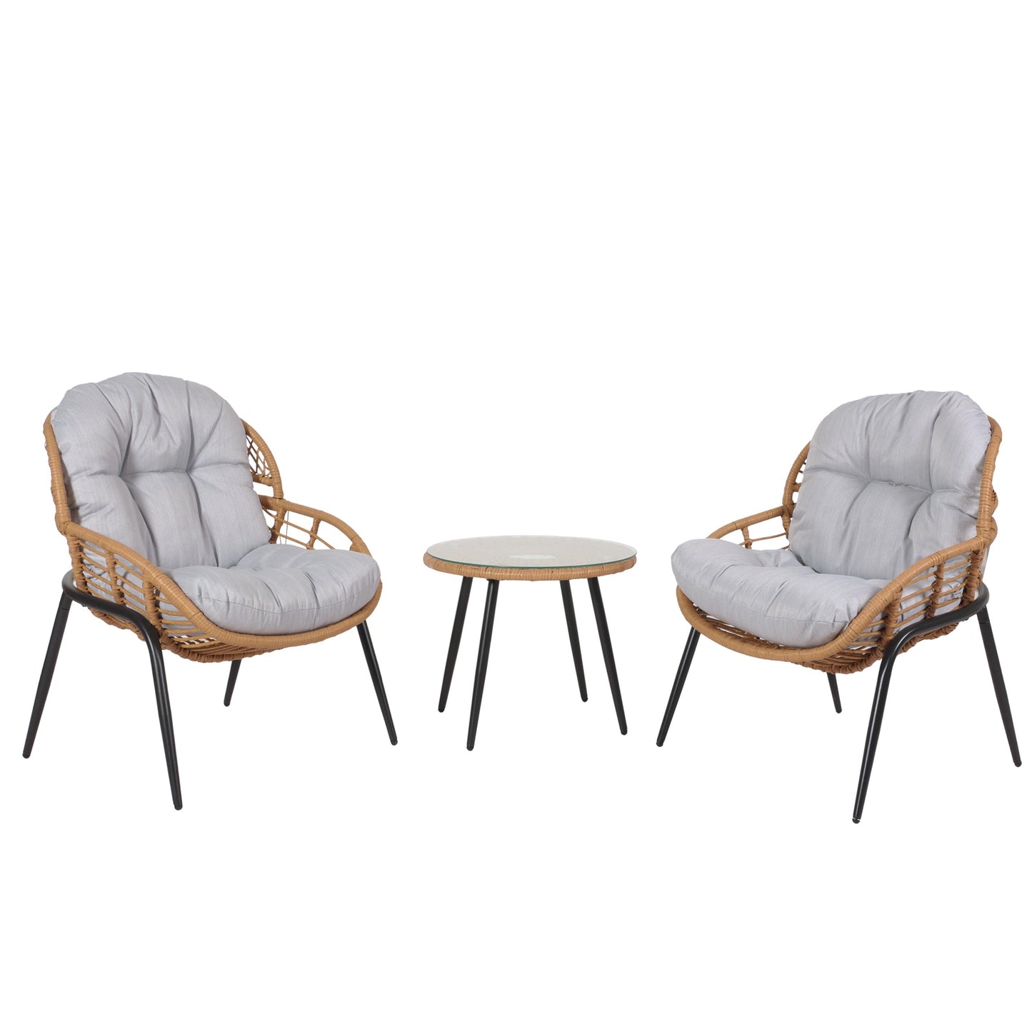 Cosmo Casa - Polyrotan Tuinset - Balkonzitgroep met Stoel en Bijzettafel - Naturel Look - Lichtgrijze Bekleding