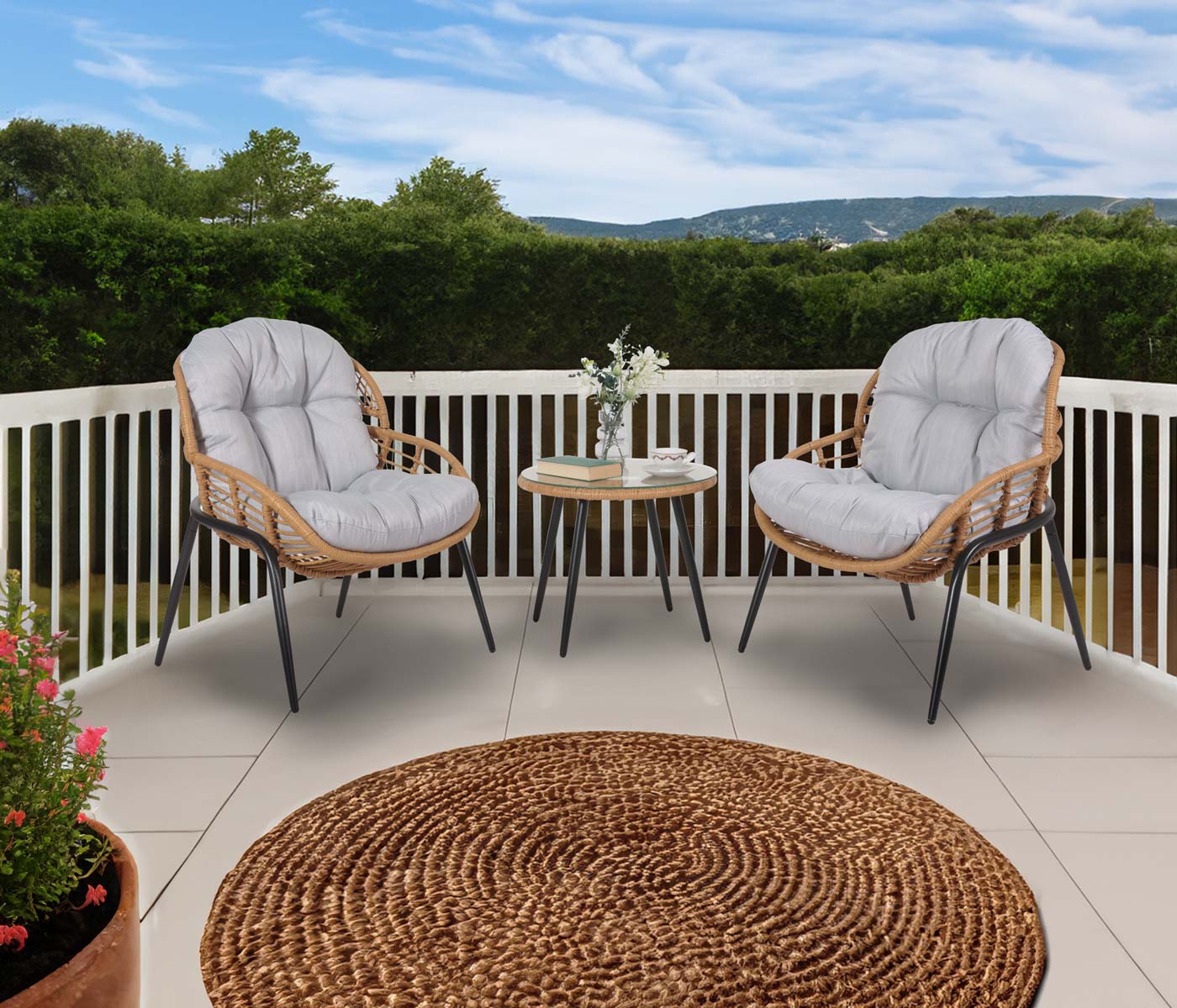 Cosmo Casa - Polyrotan Tuinset - Balkonzitgroep met Stoel en Bijzettafel - Naturel Look - Lichtgrijze Bekleding