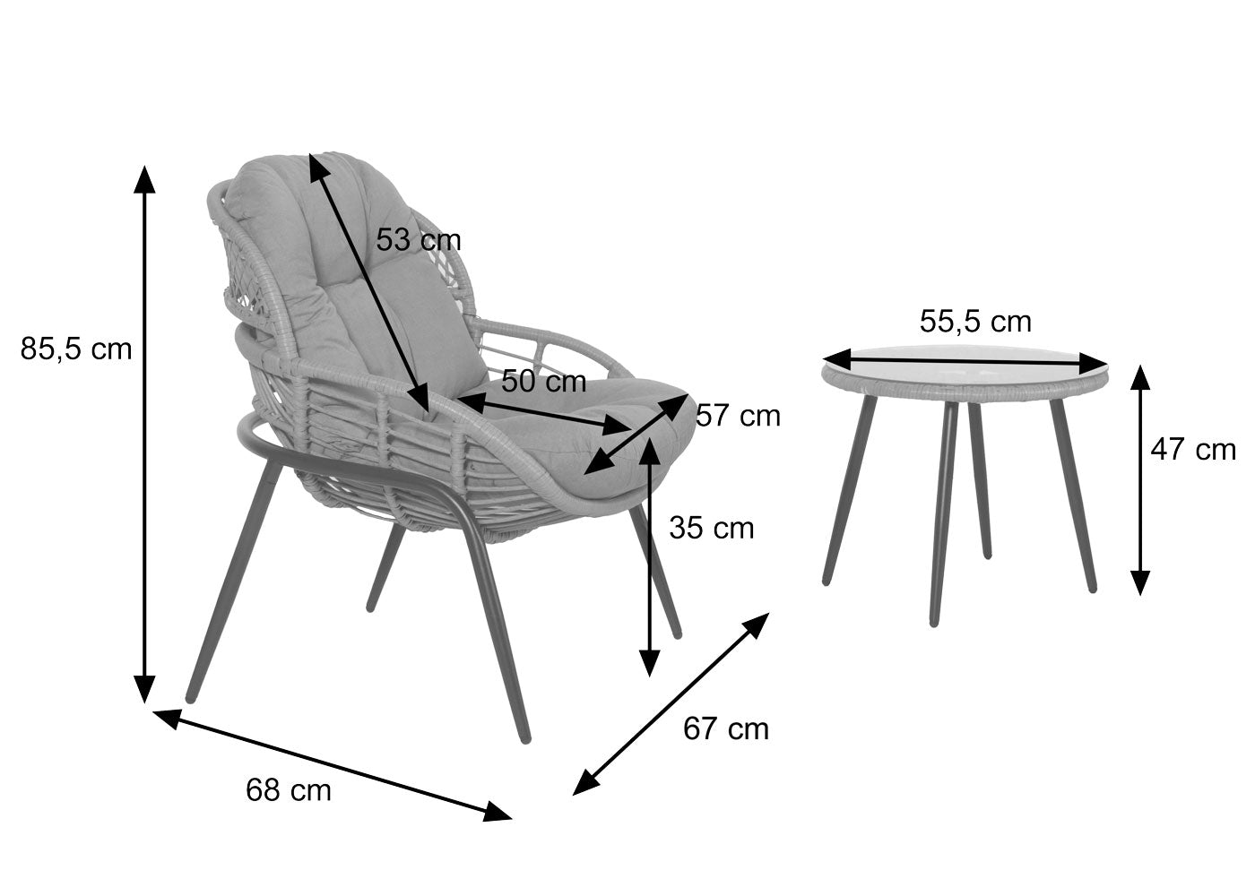 Cosmo Casa - Polyrotan Tuinset - Balkonzitgroep met Stoel en Bijzettafel - Naturel Look - Lichtgrijze Bekleding