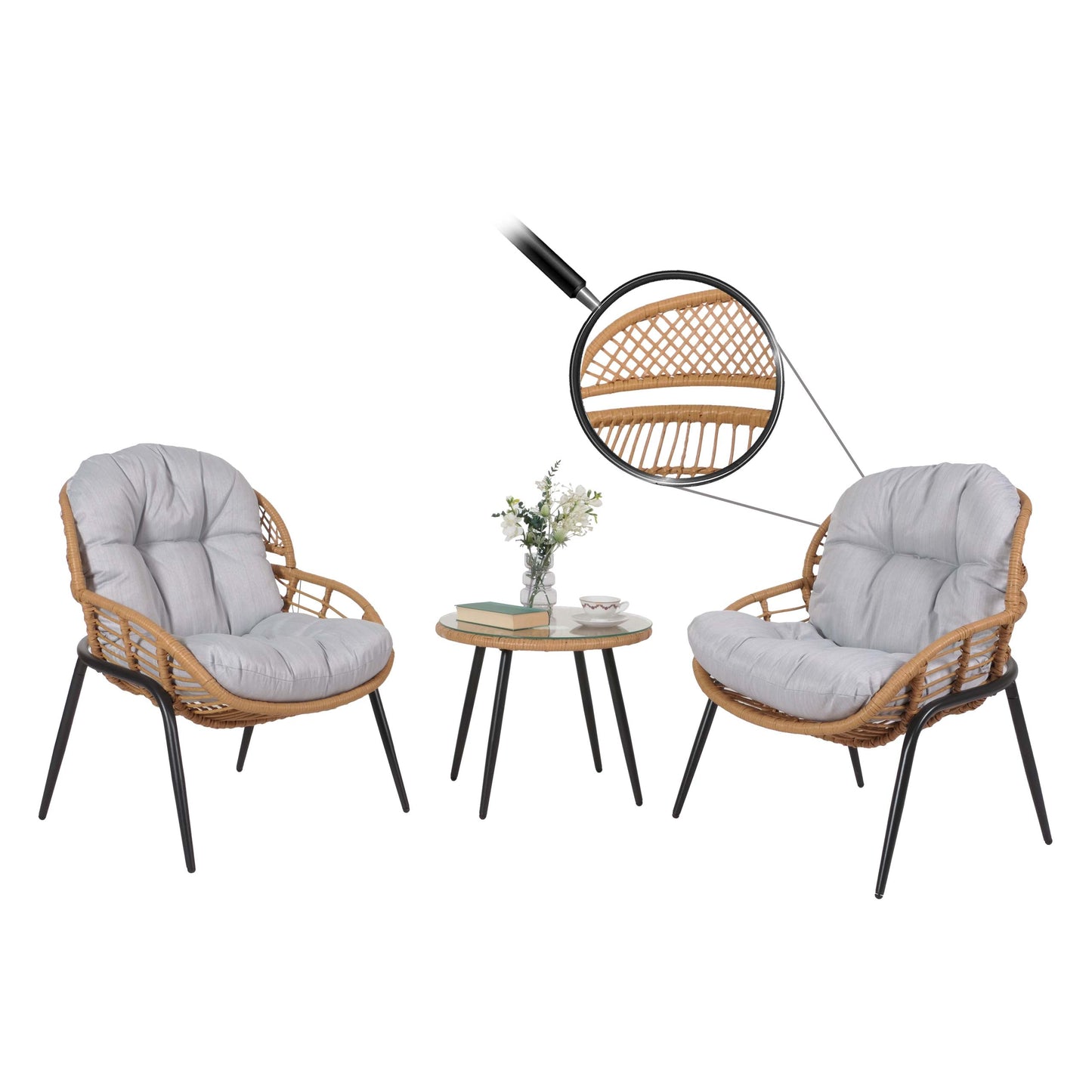 Cosmo Casa - Polyrotan Tuinset - Balkonzitgroep met Stoel en Bijzettafel - Naturel Look - Lichtgrijze Bekleding