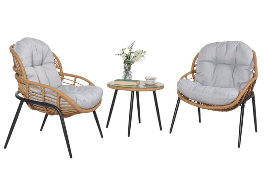 Cosmo Casa - Polyrotan Tuinset - Balkonzitgroep met Stoel en Bijzettafel - Naturel Look - Lichtgrijze Bekleding