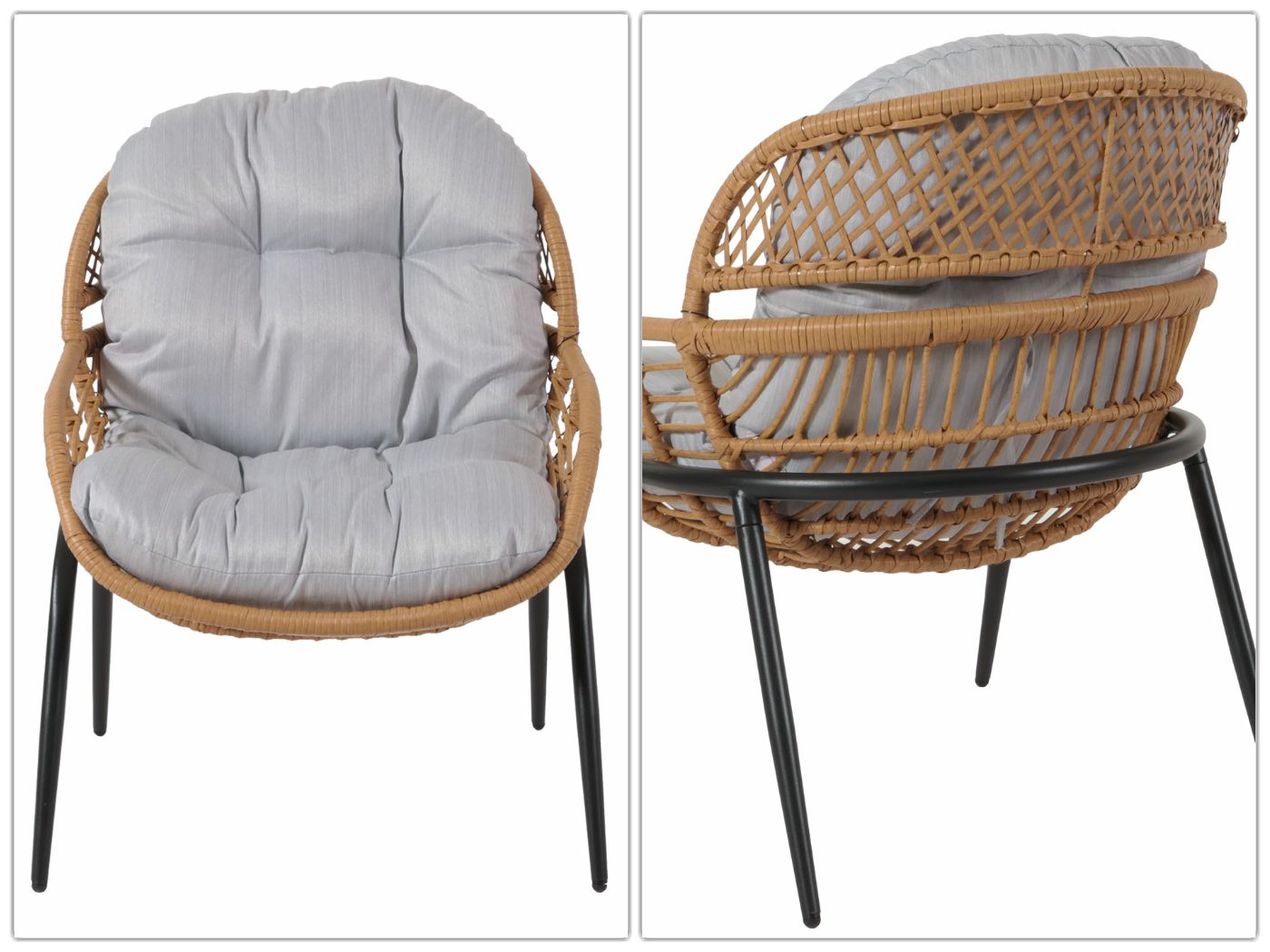 Cosmo Casa - Polyrotan Tuinset - Balkonzitgroep met Stoel en Bijzettafel - Naturel Look - Lichtgrijze Bekleding