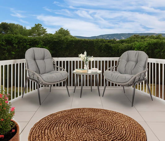 Cosmo Casa - Polyrotan Tuinset - Zitgroep met Stoel en Bijzettafel - Grijs - Donkergrijze Bekleding