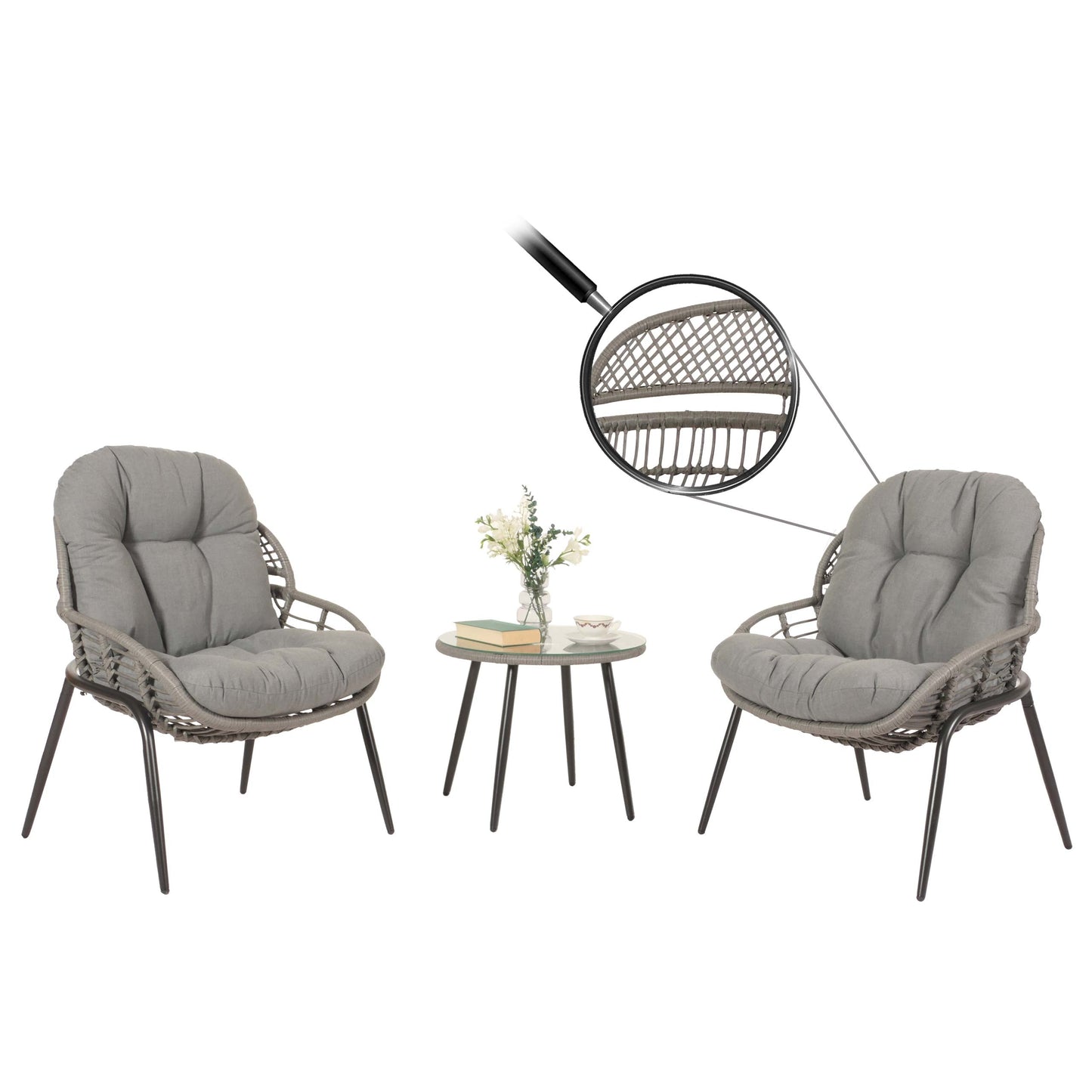 Cosmo Casa - Polyrotan Tuinset - Zitgroep met Stoel en Bijzettafel - Grijs - Donkergrijze Bekleding