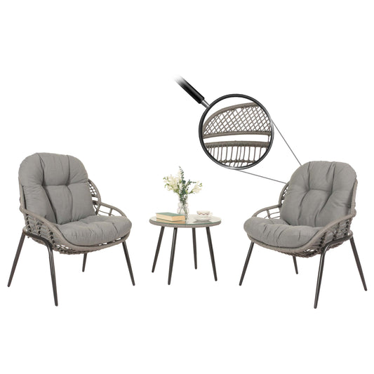 Cosmo Casa - Polyrotan Tuinset - Zitgroep met Stoel en Bijzettafel - Grijs - Donkergrijze Bekleding