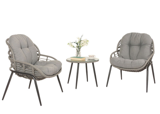 Cosmo Casa - Polyrotan Tuinset - Zitgroep met Stoel en Bijzettafel - Grijs - Donkergrijze Bekleding