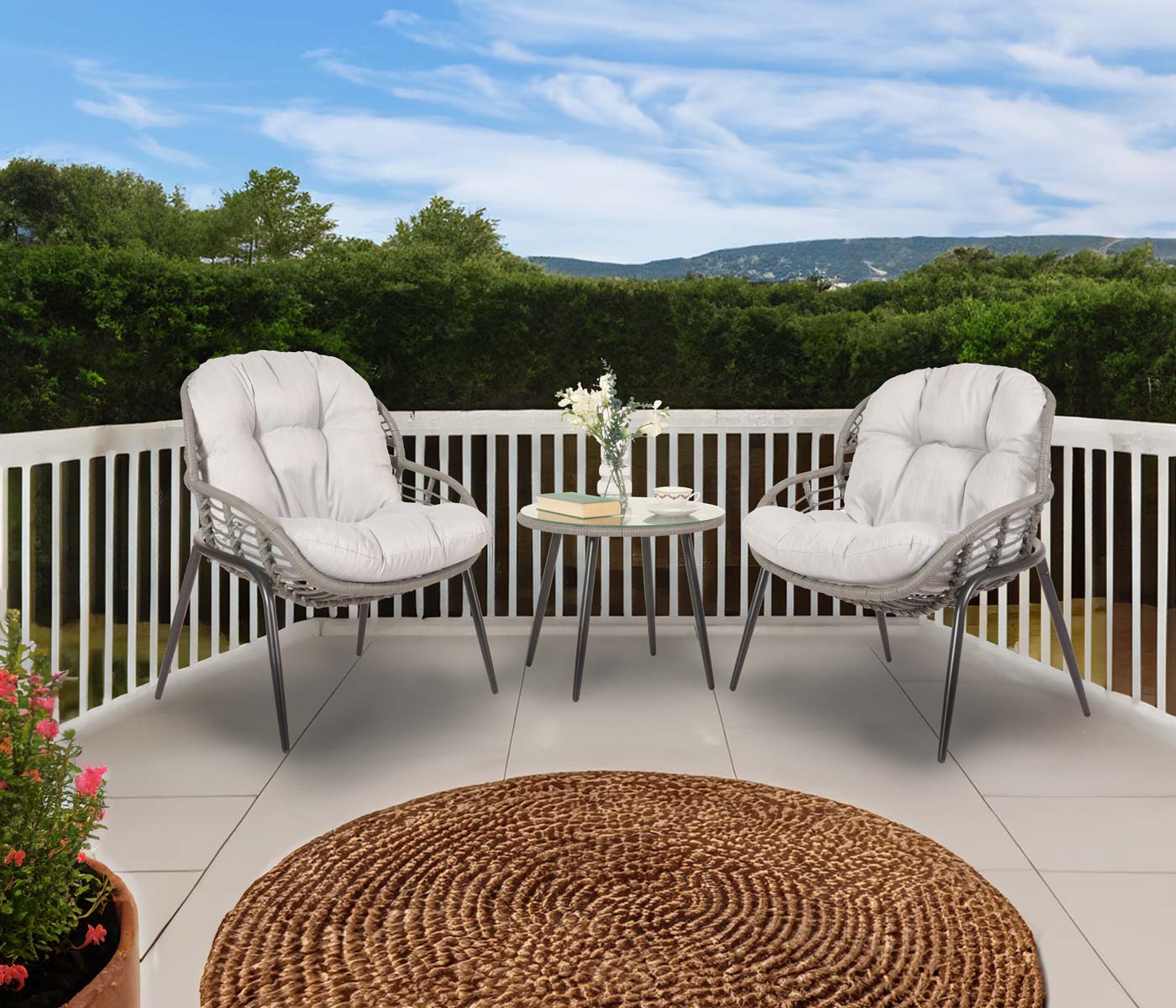 Cosmo Casa - Polyrotan Tuinset - Zitgroep met Stoel en Bijzettafel - Grijs - Lichtgrijze Bekleding