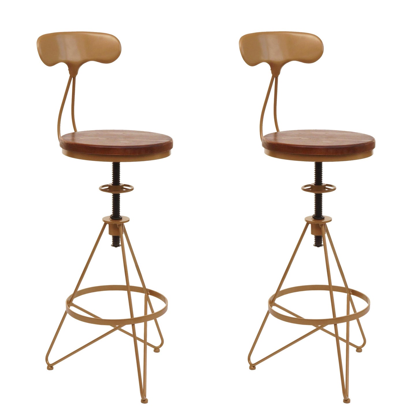 Cosmo Casa - Set van 2 Barkrukken - Verstelbare Hoogte - Draaibare Voetsteun - Industrieel Metaal & Hout - Bruin - Gouden Frame