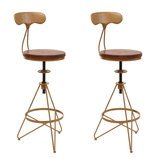 Cosmo Casa - Set van 2 Barkrukken - Verstelbare Hoogte - Draaibare Voetsteun - Industrieel Metaal & Hout - Bruin - Gouden Frame
