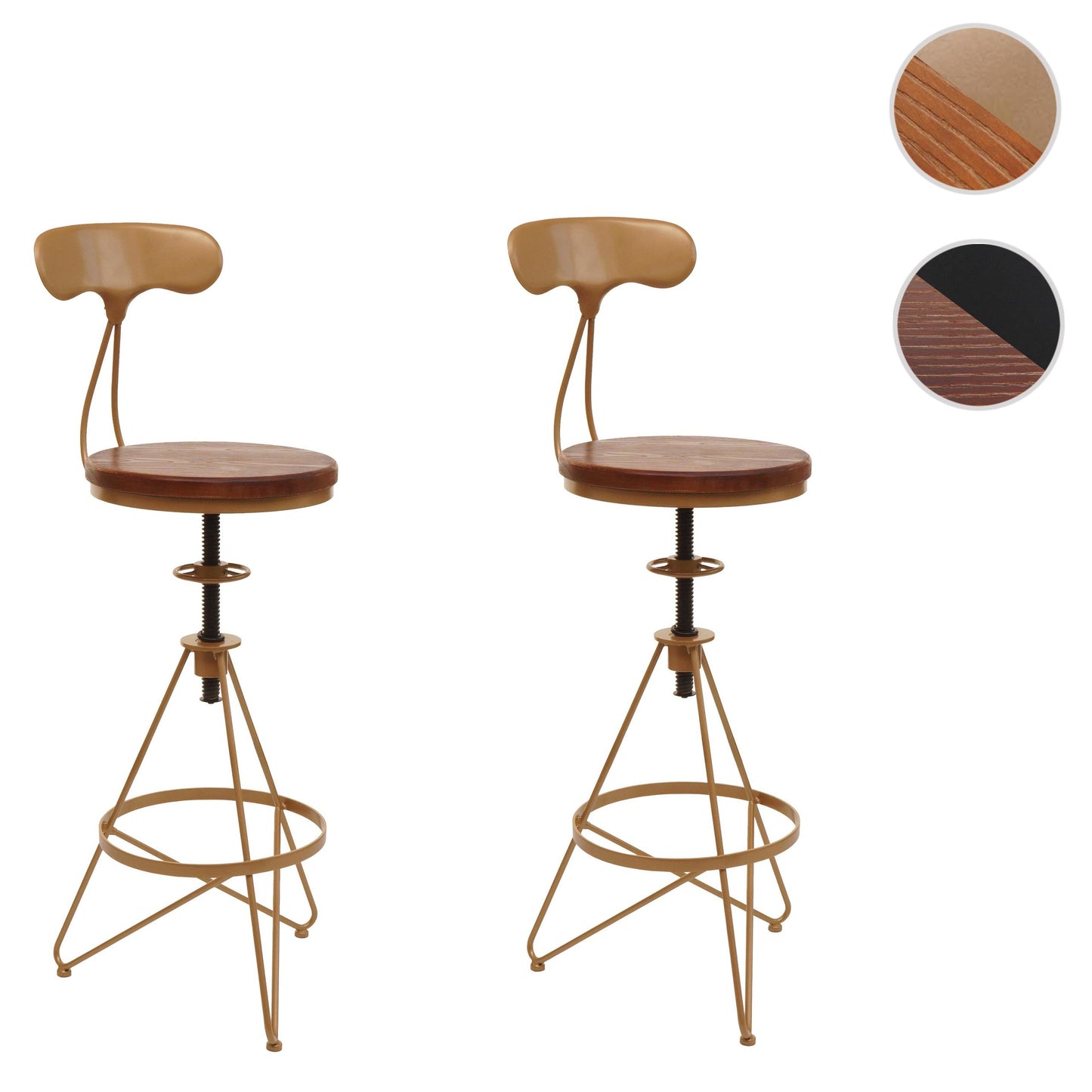 Cosmo Casa - Set van 2 Barkrukken - Verstelbare Hoogte - Draaibare Voetsteun - Industrieel Metaal & Hout - Bruin - Gouden Frame