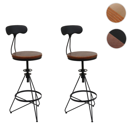 Cosmo Casa - Set van 2 Barkrukken - Verstelbare Hoogte - Draaibare Voetsteun - Industrieel Metaal & Hout - Bruin - Zwart Frame