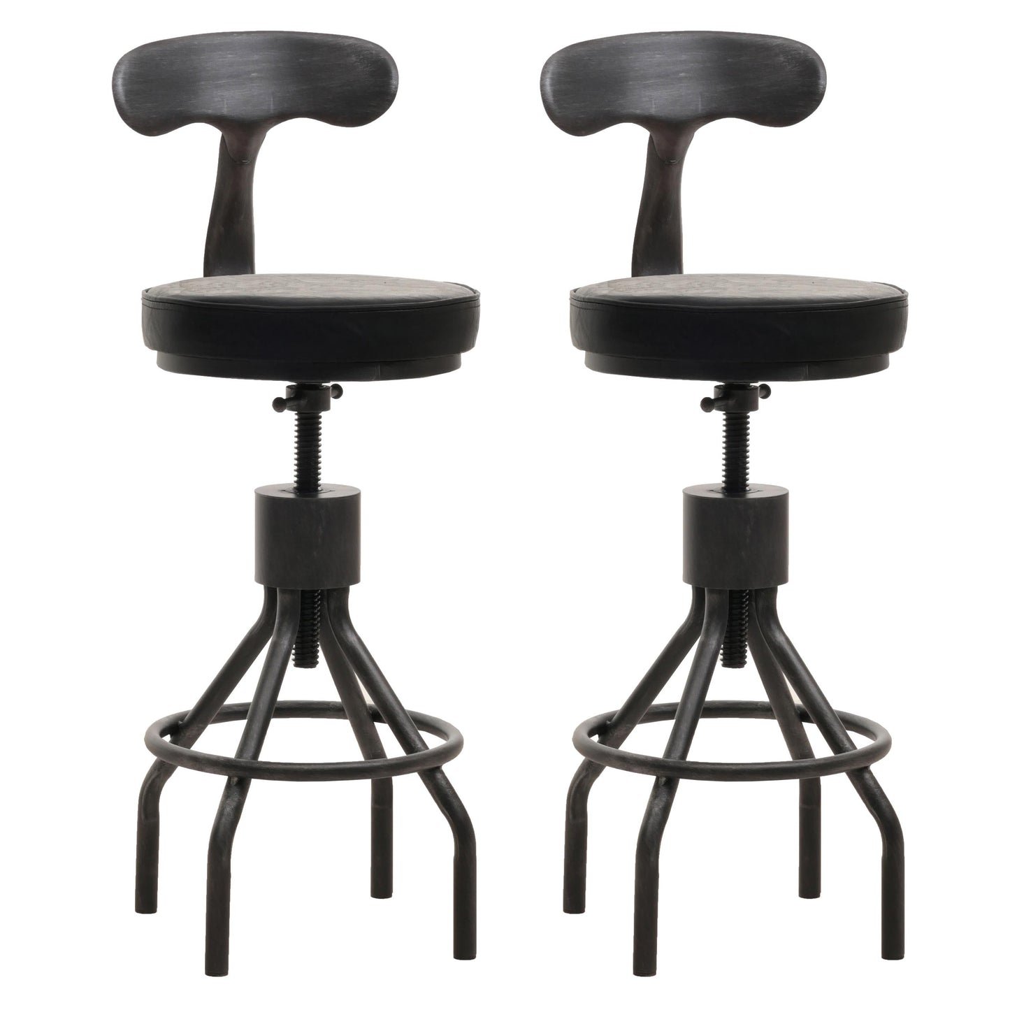 Cosmo Casa - Set van 2 Barkrukken - In Hoogte Verstelbaar - Draaibare Voetsteun - Industrieel Staal & Kunstleer - Zwart