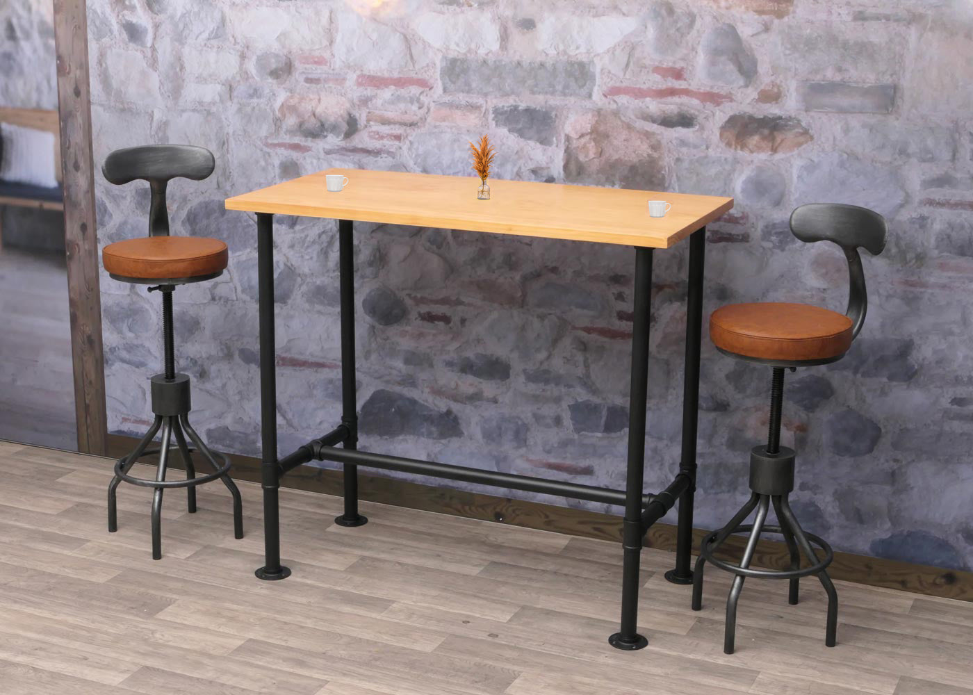 Cosmo Casa - Bartafel - Countertafel - Bistrotafel - Voetsteun - Industrieel Metaal & Massief Grenenhout - 108x120x61 cm - Naturel