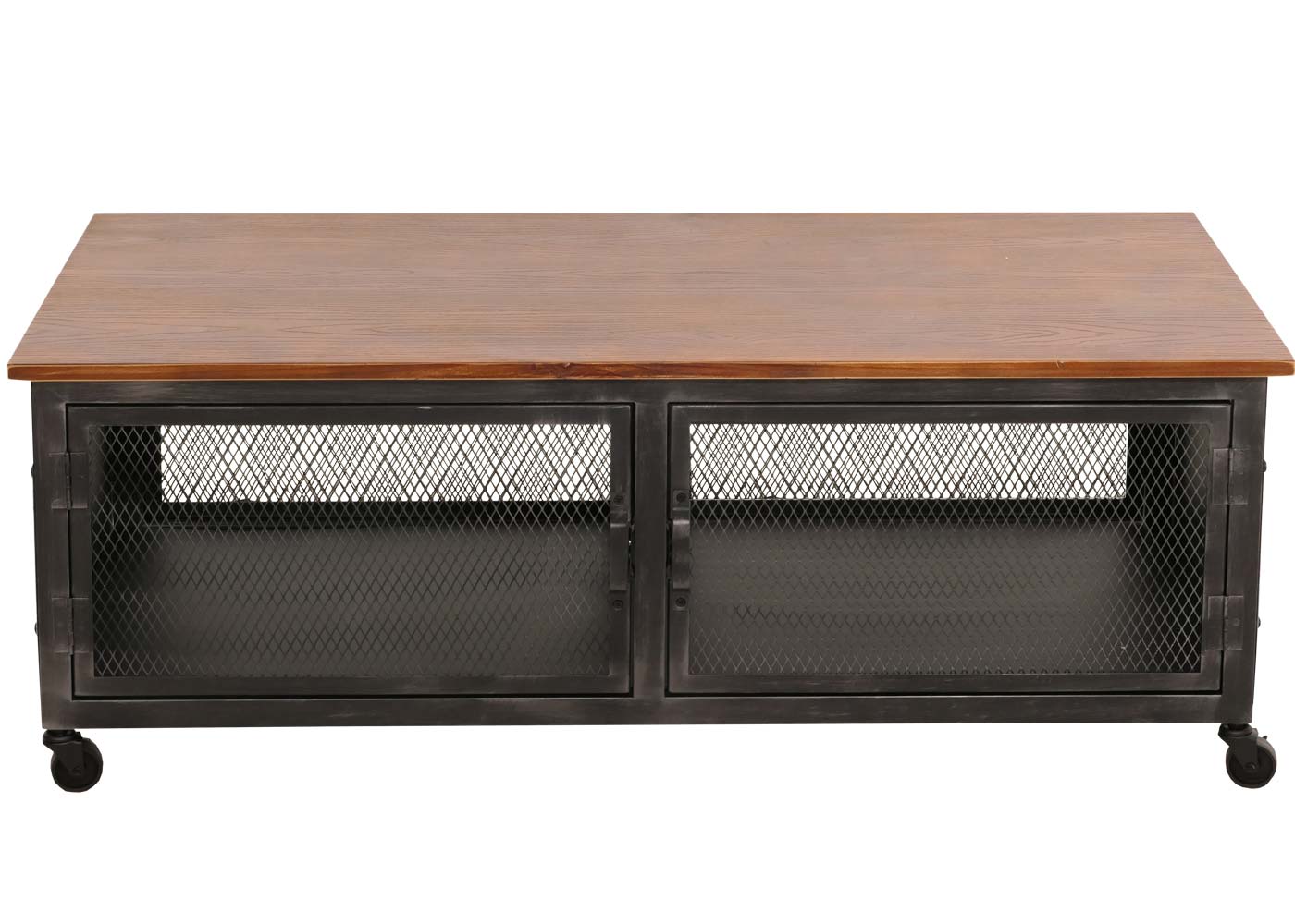 Cosmo Casa - Salontafel met Wielen - 2 Compartimenten - 3D Structuur - Industrieel Retro Metaal & Hout - 45x120x60 cm - Zwart, Bruin