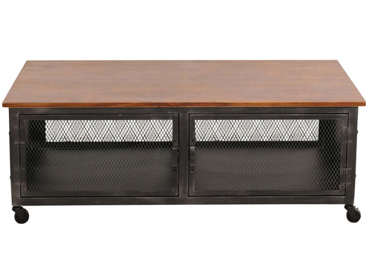 Cosmo Casa - Salontafel met Wielen - 2 Compartimenten - 3D Structuur - Industrieel Retro Metaal & Hout - 45x120x60 cm - Zwart, Bruin