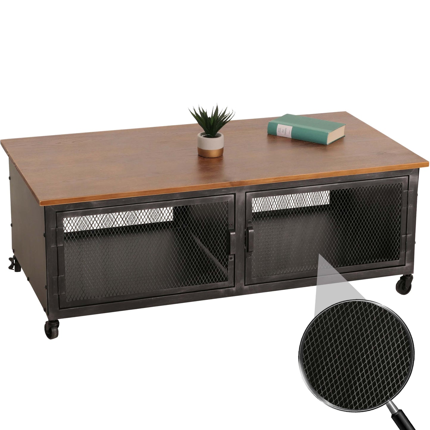 Cosmo Casa - Salontafel met Wielen - 2 Compartimenten - 3D Structuur - Industrieel Retro Metaal & Hout - 45x120x60 cm - Zwart, Bruin