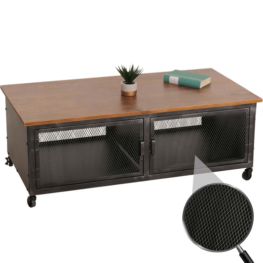 Cosmo Casa - Salontafel met Wielen - 2 Compartimenten - 3D Structuur - Industrieel Retro Metaal & Hout - 45x120x60 cm - Zwart, Bruin