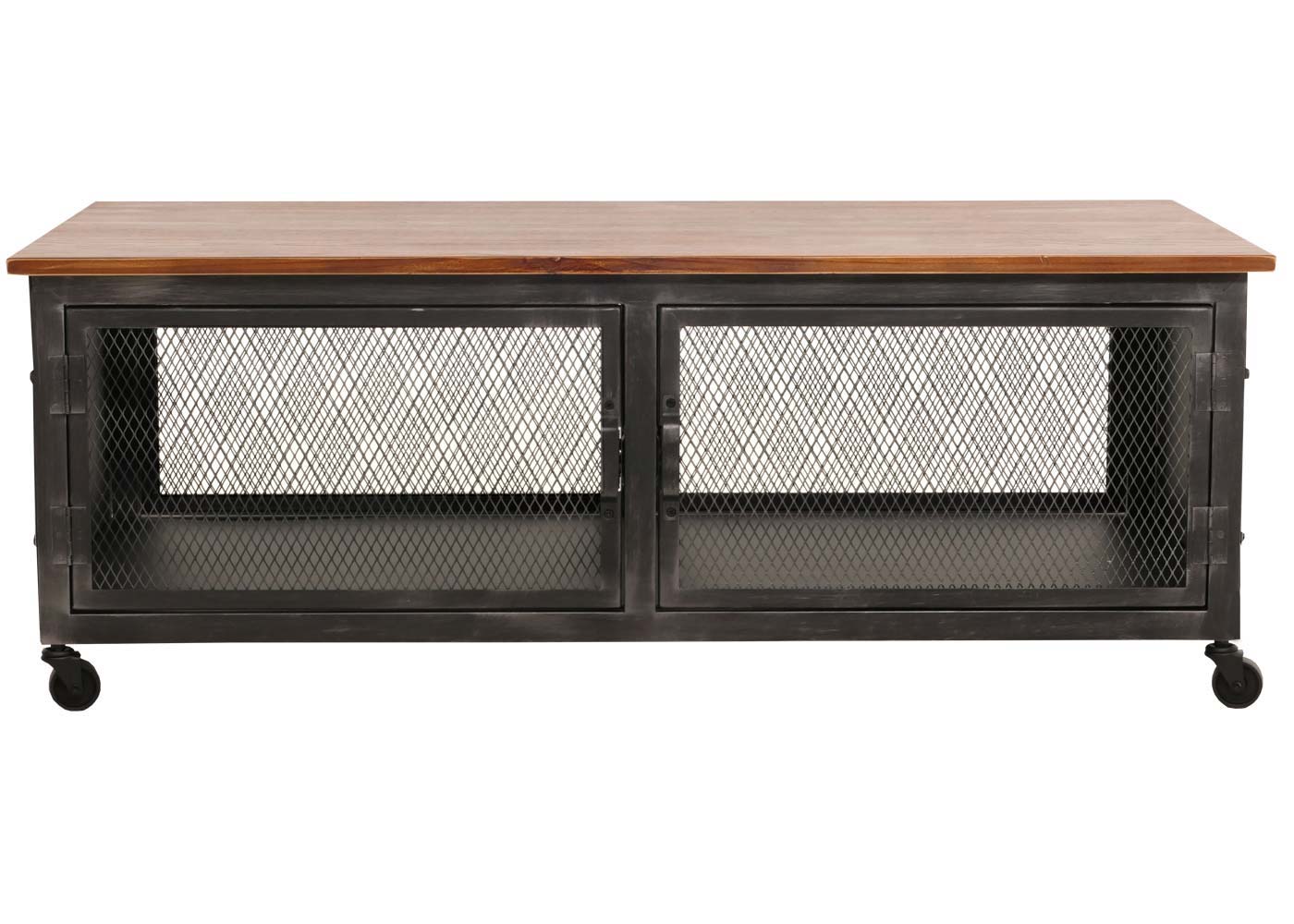 Cosmo Casa - Salontafel met Wielen - 2 Compartimenten - 3D Structuur - Industrieel Retro Metaal & Hout - 45x120x60 cm - Zwart, Bruin