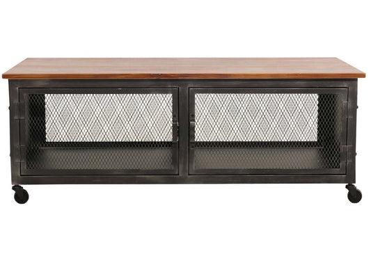 Cosmo Casa - Salontafel met Wielen - 2 Compartimenten - 3D Structuur - Industrieel Retro Metaal & Hout - 45x120x60 cm - Zwart, Bruin