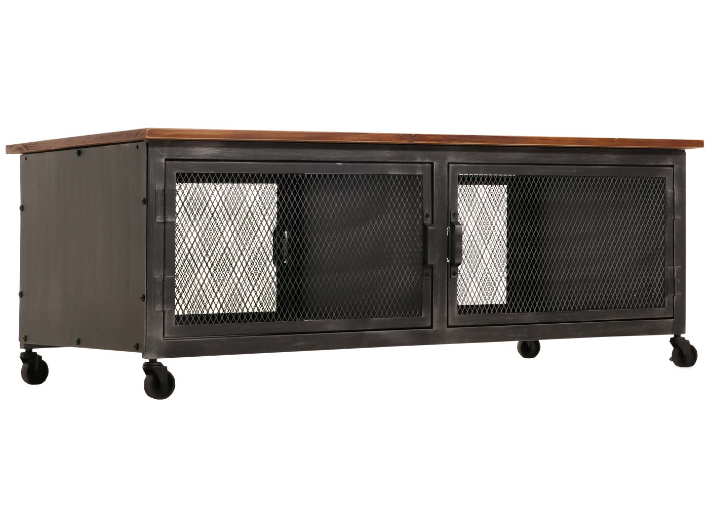 Cosmo Casa - Salontafel met Wielen - 2 Compartimenten - 3D Structuur - Industrieel Retro Metaal & Hout - 45x120x60 cm - Zwart, Bruin