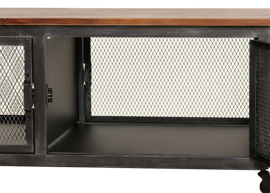 Cosmo Casa - Salontafel met Wielen - 2 Compartimenten - 3D Structuur - Industrieel Retro Metaal & Hout - 45x120x60 cm - Zwart, Bruin