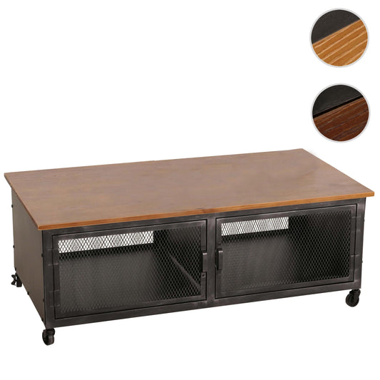 Cosmo Casa - Salontafel met Wielen - 2 Compartimenten - 3D Structuur - Industrieel Retro Metaal & Hout - 45x120x60 cm - Zwart, Bruin