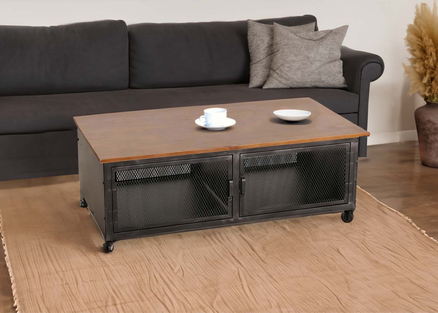 Cosmo Casa - Salontafel met Wielen - 2 Compartimenten - 3D Structuur - Industrieel Retro Metaal & Hout - 45x120x60 cm - Zwart, Naturel