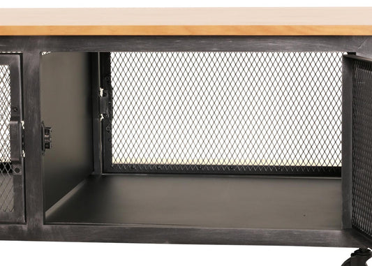 Cosmo Casa - Salontafel met Wielen - 2 Compartimenten - 3D Structuur - Industrieel Retro Metaal & Hout - 45x120x60 cm - Zwart, Naturel