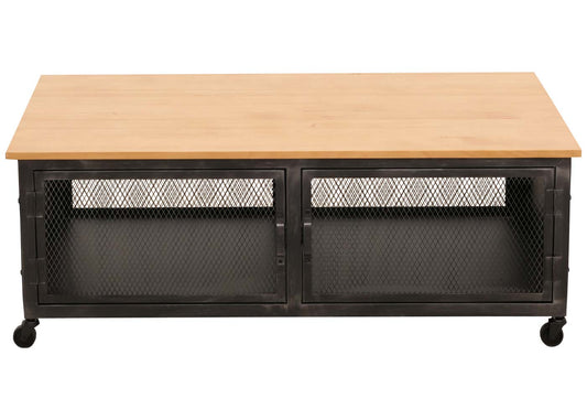 Cosmo Casa - Salontafel met Wielen - 2 Compartimenten - 3D Structuur - Industrieel Retro Metaal & Hout - 45x120x60 cm - Zwart, Naturel