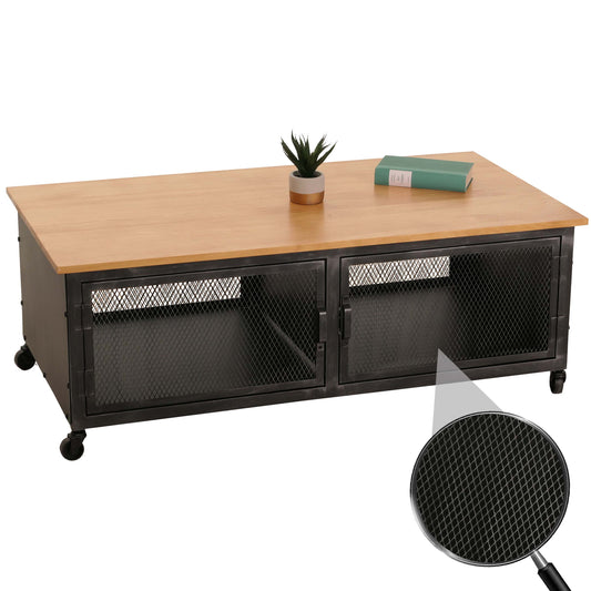 Cosmo Casa - Salontafel met Wielen - 2 Compartimenten - 3D Structuur - Industrieel Retro Metaal & Hout - 45x120x60 cm - Zwart, Naturel