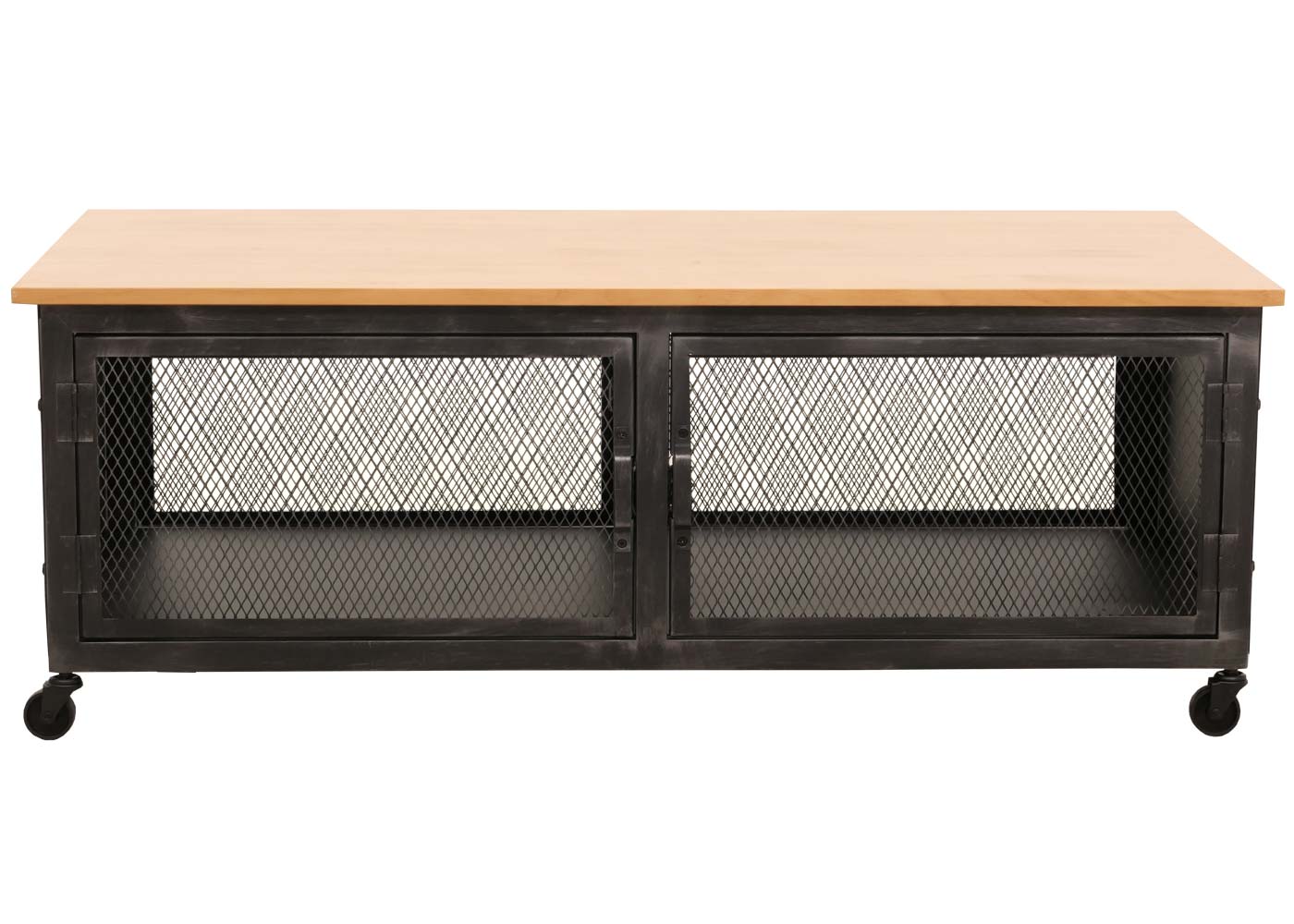 Cosmo Casa - Salontafel met Wielen - 2 Compartimenten - 3D Structuur - Industrieel Retro Metaal & Hout - 45x120x60 cm - Zwart, Naturel