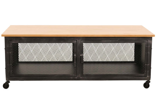 Cosmo Casa - Salontafel met Wielen - 2 Compartimenten - 3D Structuur - Industrieel Retro Metaal & Hout - 45x120x60 cm - Zwart, Naturel