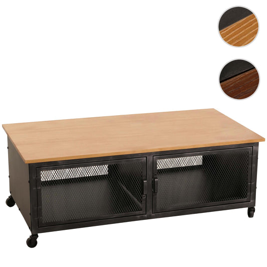Cosmo Casa - Salontafel met Wielen - 2 Compartimenten - 3D Structuur - Industrieel Retro Metaal & Hout - 45x120x60 cm - Zwart, Naturel