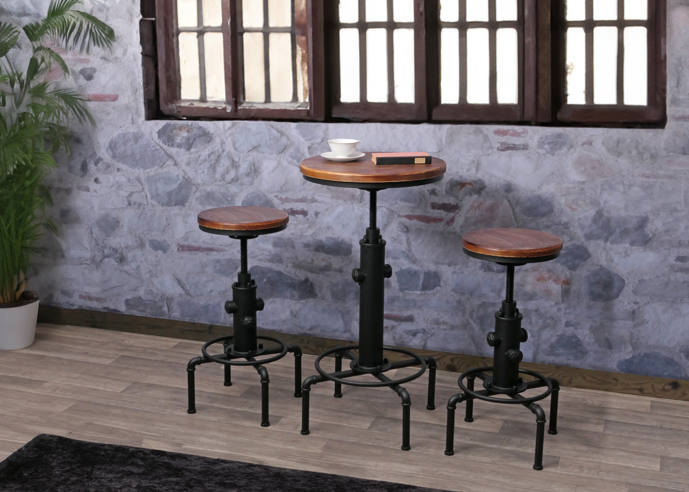 Cosmo Casa - Bartafel - Bistrotafel - In Hoogte Verstelbaar - Draaibare Voetsteun - Industrieel Ijzer & Massief Hout - 50 cm - Bruin