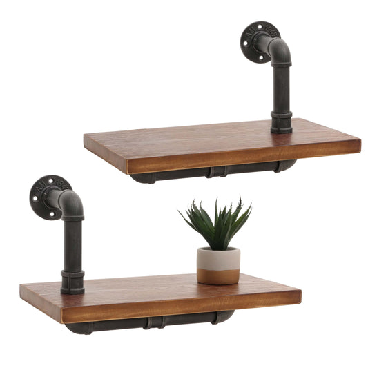 Cosmo Casa - Set van 2 Wandplanken - Hangende Boekenplank - 3D Structuur - Industrieel Staal & Massief Hout - 29x45x25 cm - Bruin