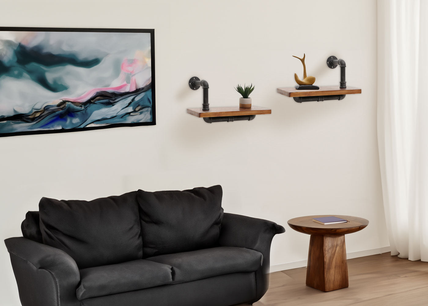 Cosmo Casa - Set van 2 Wandplanken - Hangende Boekenplank - 3D Structuur - Industrieel Staal & Massief Hout - 29x45x25 cm - Bruin