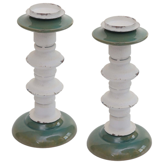 Cosmo Casa - Set van 2 Kandelaars - Kandelaar Kaarsenzuil - Shabby Look - Vintage Metaal Keramiek - Hoogte 25cm