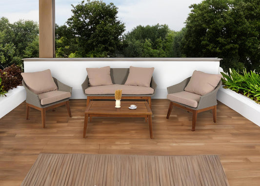 Cosmo Casa - Tuinloungeset - Bank Zitgroep - Polyrotan en Acaciahout - Grijs - Beige Kussens