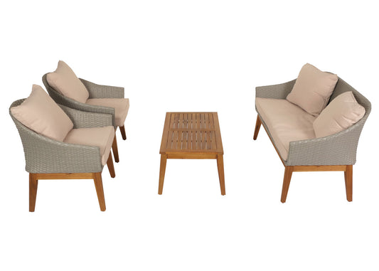 Cosmo Casa - Tuinloungeset - Bank Zitgroep - Polyrotan en Acaciahout - Grijs - Beige Kussens