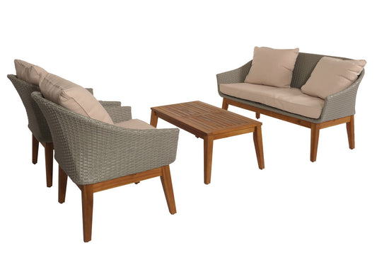 Cosmo Casa - Tuinloungeset - Bank Zitgroep - Polyrotan en Acaciahout - Grijs - Beige Kussens
