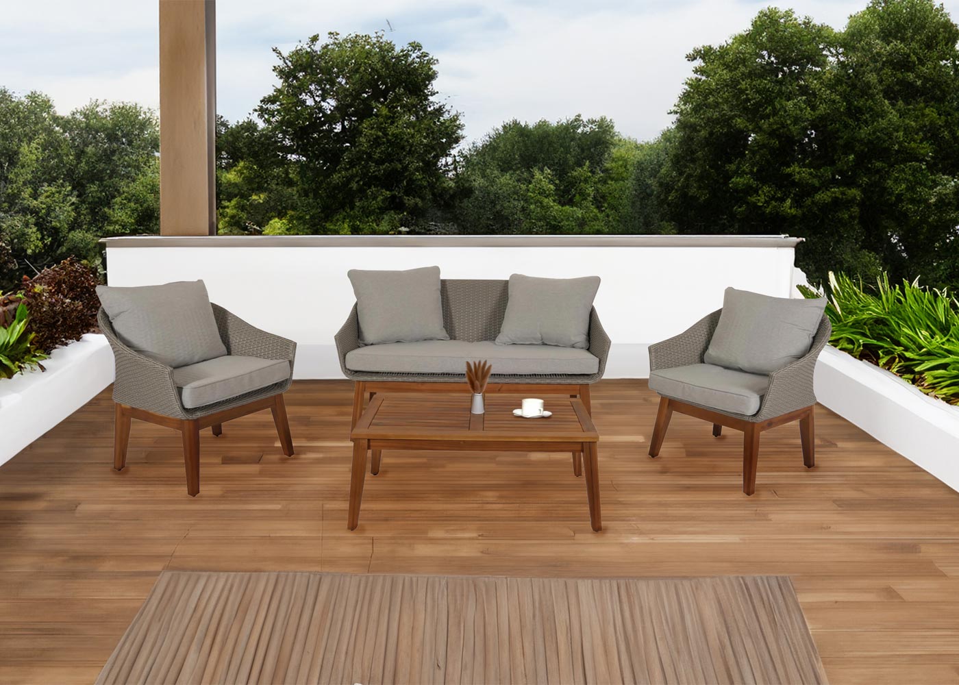 Cosmo Casa - Tuinloungeset - Bank Zitgroep - Polyrotan en Acaciahout - Grijs - Lichtgrijze Kussens