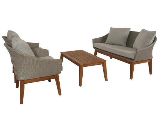 Cosmo Casa - Tuinloungeset - Bank Zitgroep - Polyrotan en Acaciahout - Grijs - Lichtgrijze Kussens