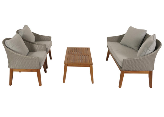 Cosmo Casa - Tuinloungeset - Bank Zitgroep - Polyrotan en Acaciahout - Grijs - Lichtgrijze Kussens