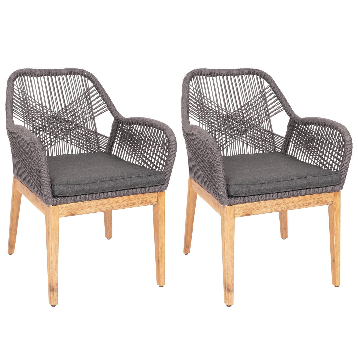 Cosmo Casa - Set van 2 Buitenfauteuils - Weerbestendig Touwgaas - Acaciahout - Grijze Kussens - Antraciet