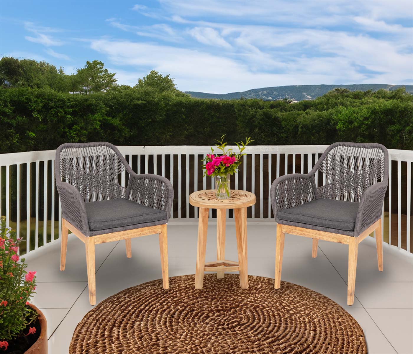 Cosmo Casa - Buitenfauteuil - Weerbestendig Touwgaas - Acaciahout - Grijs Kussen - Antraciet