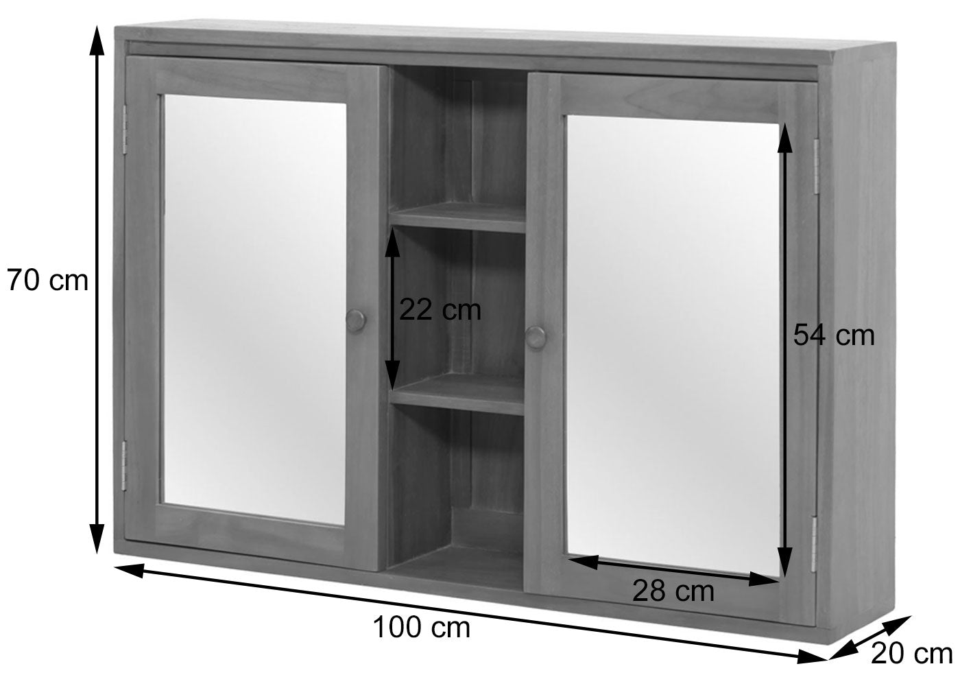 Cosmo Casa - Teak Spiegelkast - Badkamerspiegelkast - Hoogwaardig B-Kwaliteit Teak Kernhout - 20-30 Jaar - 70x100x20cm