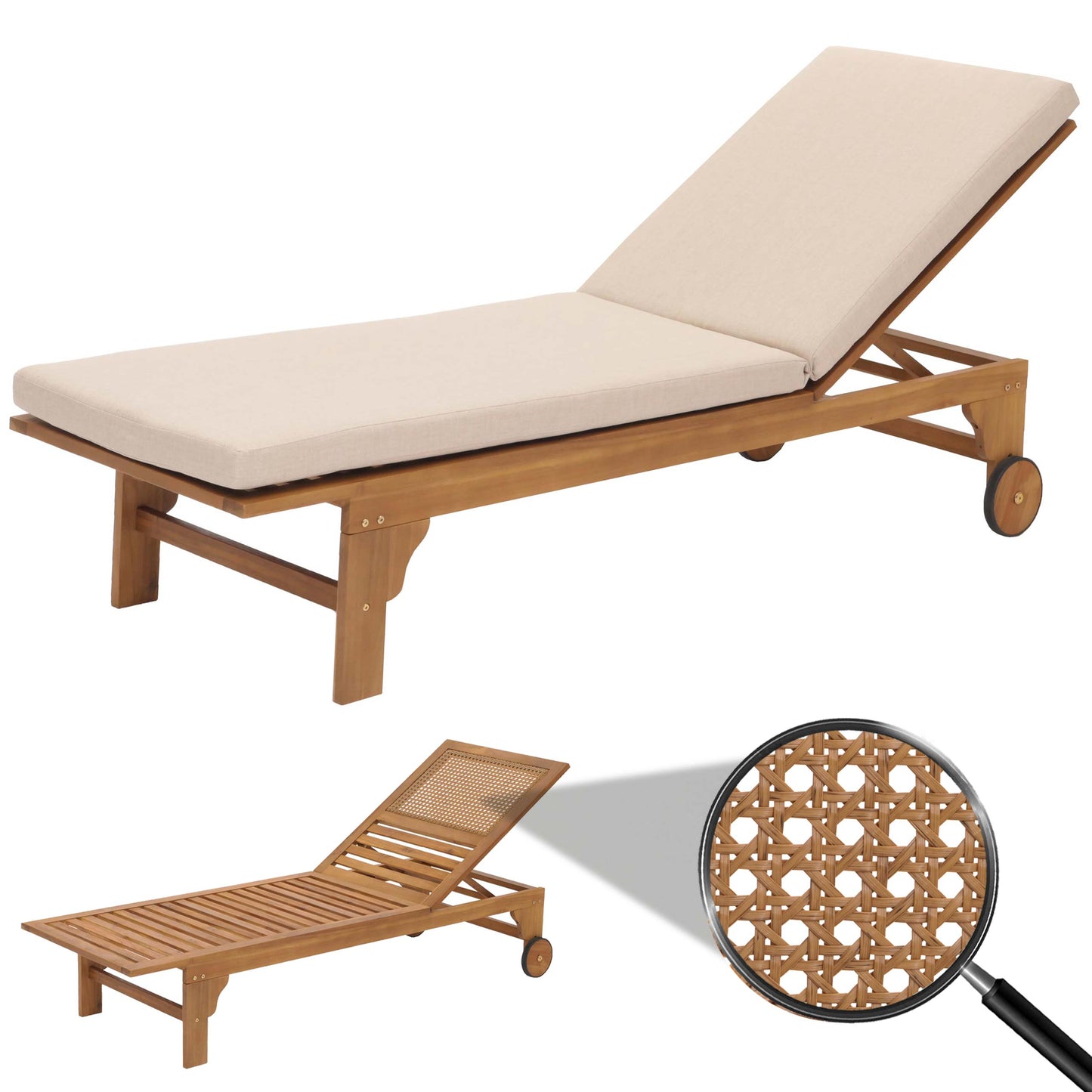 Cosmo Casa - Ligstoel - Tuinstoel - Relaxstoel - Massief Acaciahout - Gecertificeerd - Crème Beige Kussen
