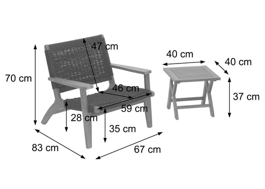 Cosmo Casa - Lounge Tuinset - Balkonset - Zitgroep - Fauteuil - Touwgaas - Touwhout - Acacia - Zwart