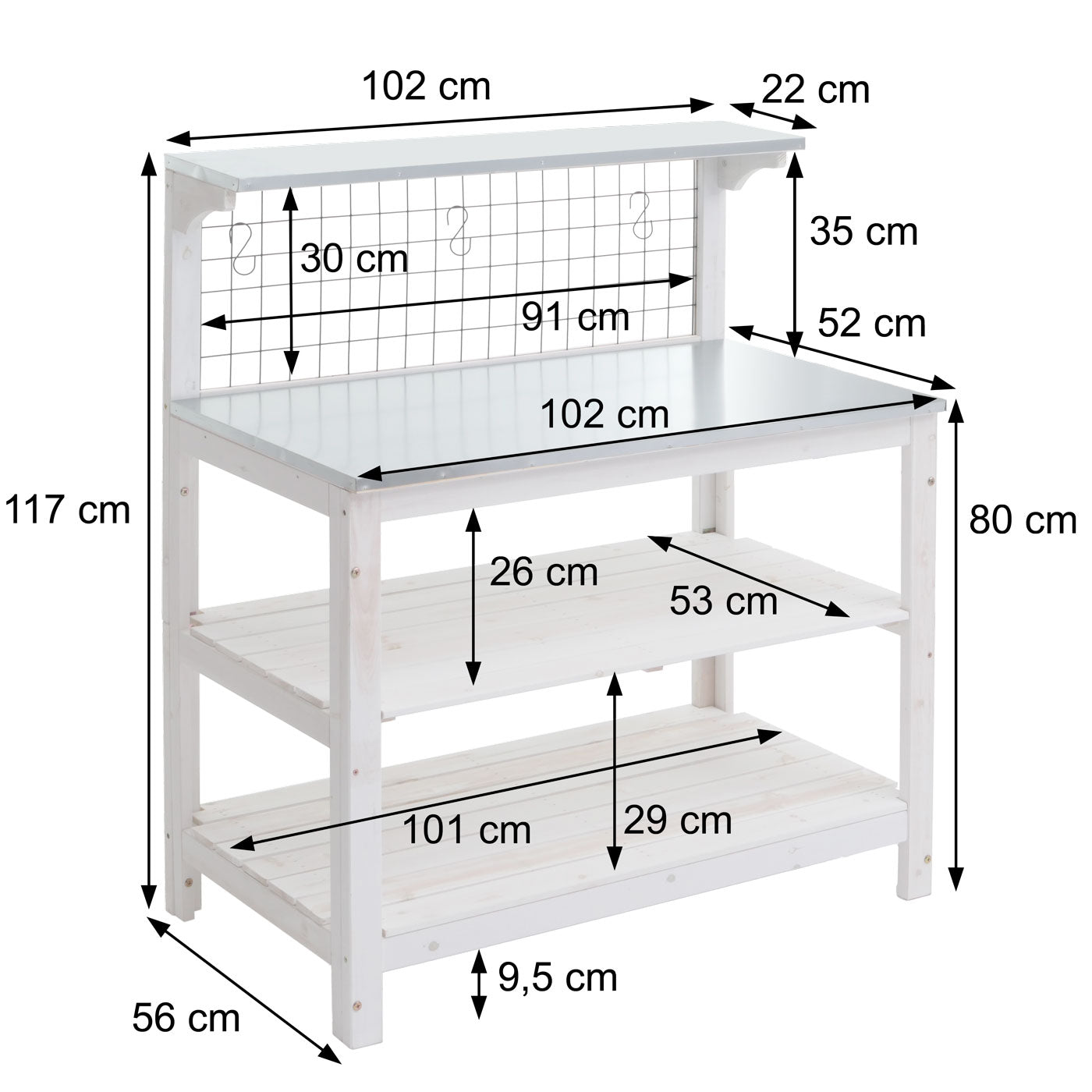 Cosmo Casa - Plantentafel - Tuinmanstafel - Bloementafel - Plantenplank - FSC-gecertificeerd Hout - Gegalvaniseerde Plaat - 117x102x56cm - Wit